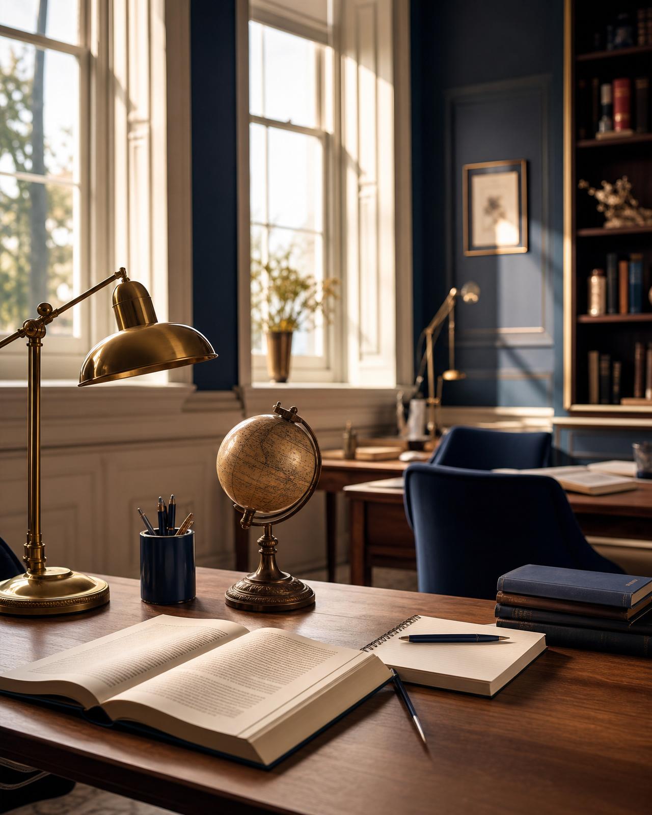 An elegant tuition study space with books, a globe and warm natural light